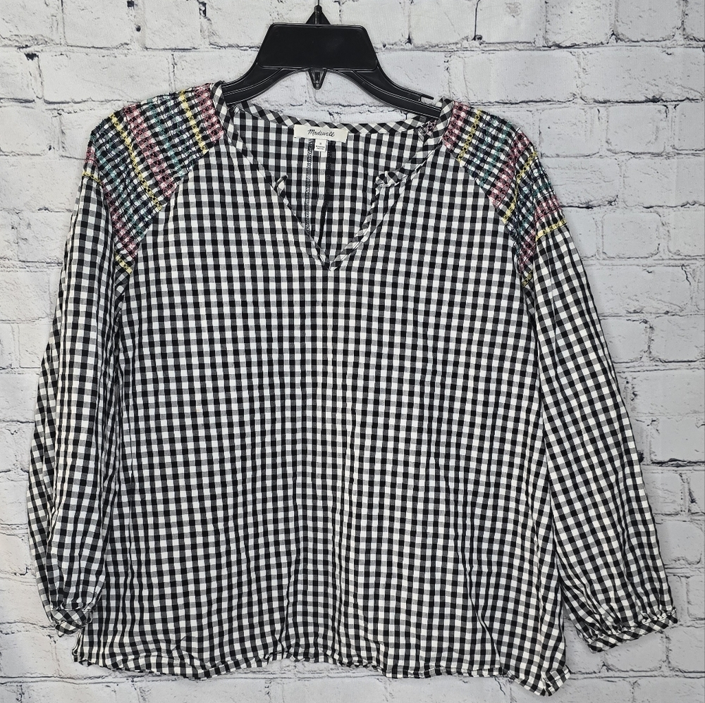 Madewell Black and White Gingham‎ Smocked Peasant Blouse Size Small